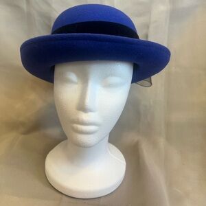 Vintage Deborah New York Royal Blue Wool Hat Black Bow Trim